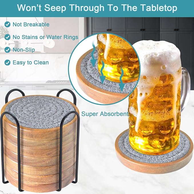 Eykao Wood Coasters for Drinks, Absorbent Coaster Sets of 8, Woven Drink - Image 2
