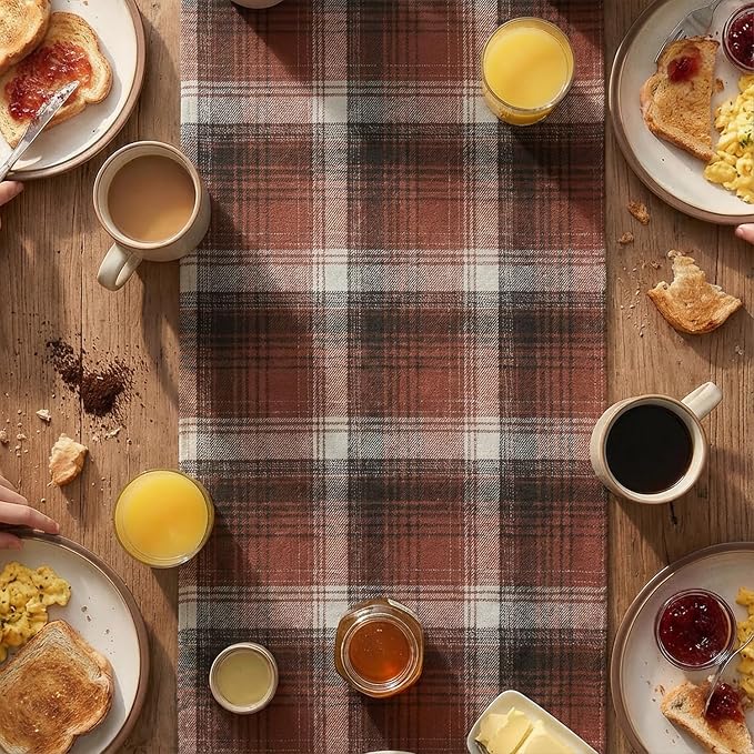 Artoid Mode Caramel Brown Farmhouse Plaid Fall Table Runner 13x108 Inch | - Image 5