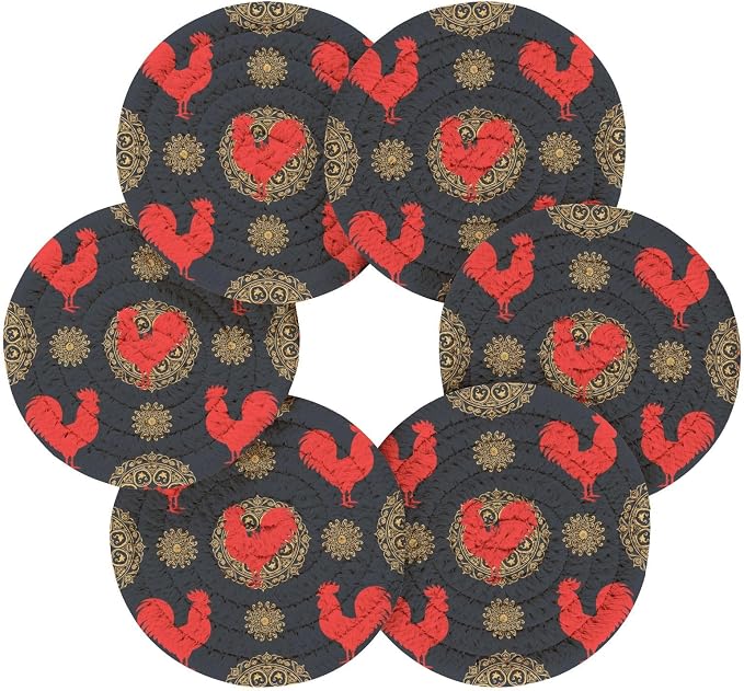 Rooster Mandala Black Print Coasters - Image 2