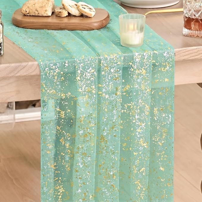 Artoid Mode 6Pcs Turquoise Gauze Gold Table Runner 10FT, Glitter Metallic Foil by ArtoidMode