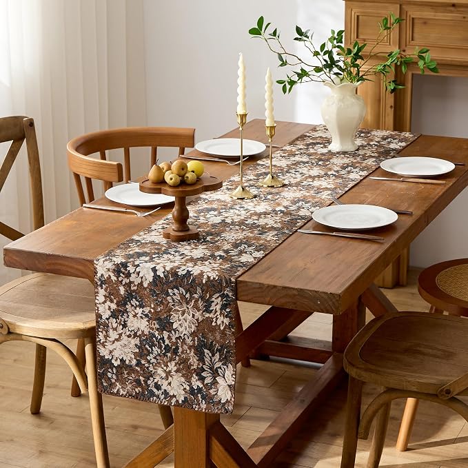 ORTIGIA Vintage Floral Table Runner, Boho Chenille Coffee Brown Farmhouse - Image 4