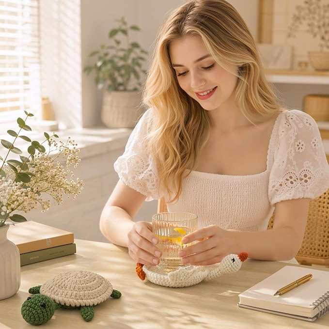 Handmade Crochet Coasters, Fun 3D Animal Flippable Drink Coasters Cute Soft Cup - Image 7