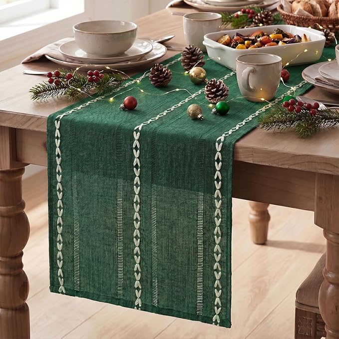 Artoid Mode Green Rustic Cotton Linen Christmas Table Runner, Seasonal by ArtoidMode