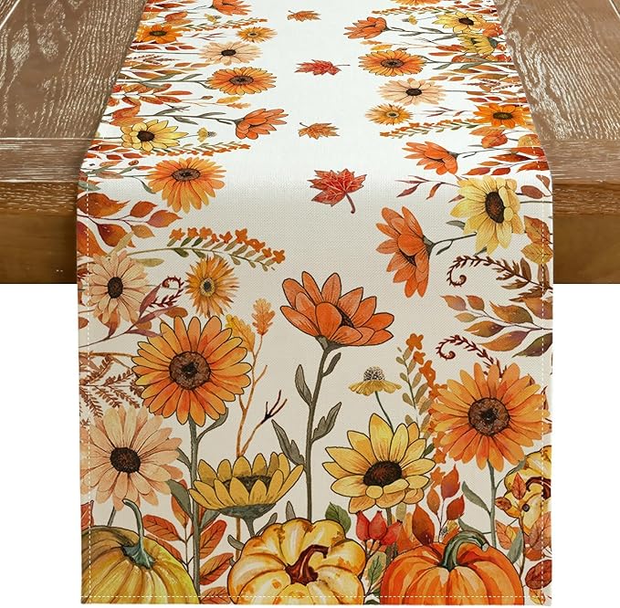 Fall Pumpkins and Sunflowers Table Runner 13x120 Inch, Maple Leaves Farmhouse by GEEORY