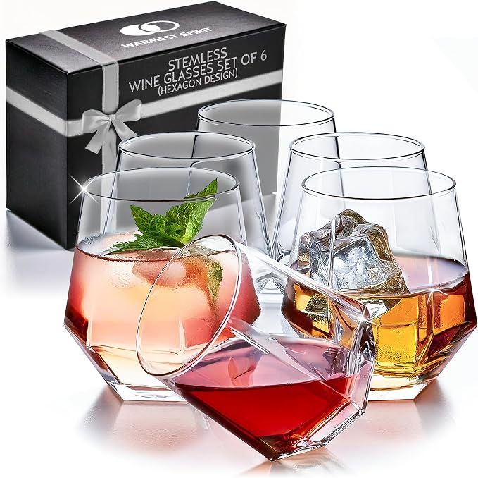 Hexagon Stemless Wine Glasses Set of 6 – Elegant 10.5 oz, Dishwasher Safe by WARMEST+SPIRIT