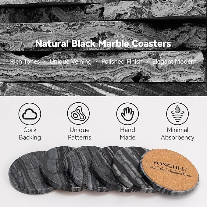 Black Marble Coasters Set of 6, Elegant Black & Dark Gray Coasters - Image 3