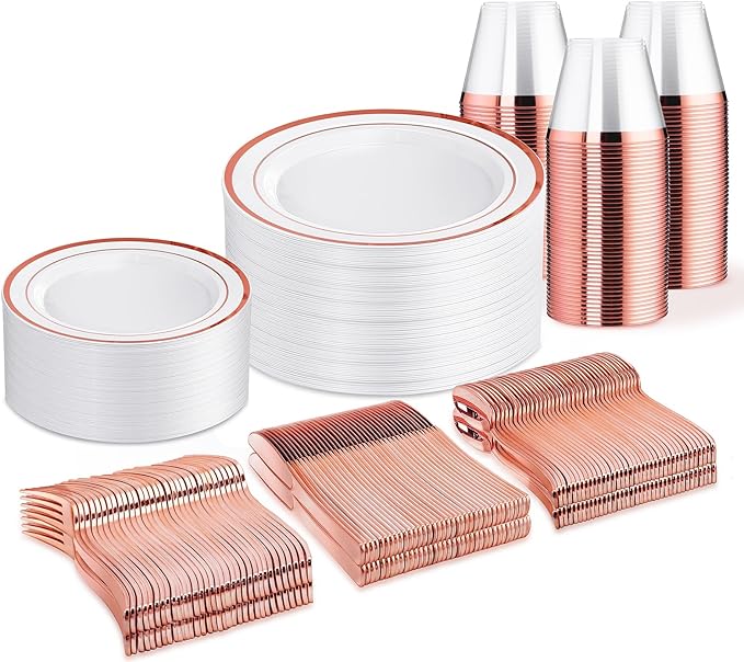 WELLIFE 300 PCS Rose Gold Disposable Dinnerware Set by WELLIFE