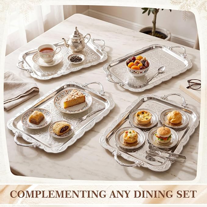 4 Pack Serving Tray with Handles 15.2 x 12.2 Inch Large Metal Plate Floral - Image 6