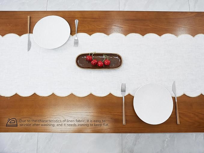 100% Natural Linen Rustic Scalloped Embroidery Table Runner 108 Inches Long - Image 5
