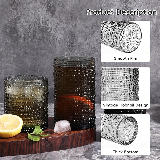 Moretoes Gray Hobnail Drinking Glasses Set of 6, Glass Cups | 12 Oz Highball - Image 6
