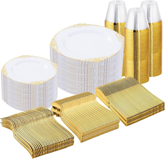 Nervure 600Pcs Gold Plastic Plates, Plastic Dinnerware Set by Nervure