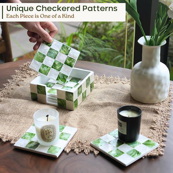 4" Capiz Checkered Coasters Set 6 - Image 6