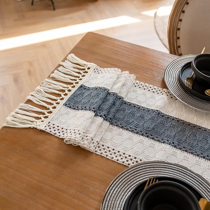 EMMTEEY Boho Table Runner with Tassels 36 Inches Long, Stone Blue | Handmade - Image 6