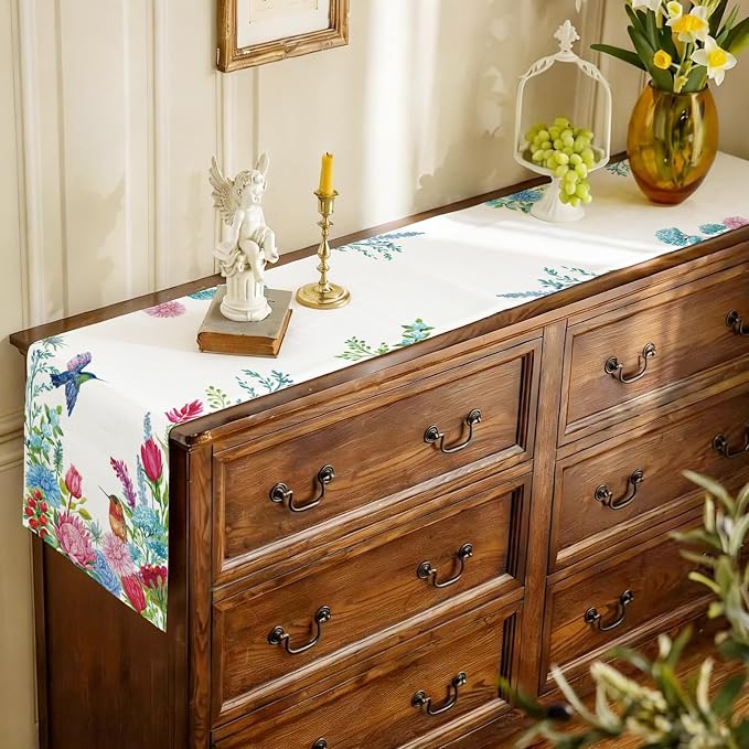 Summer Hummingbirds Floral Table Runner Green Leave Burlap Table Runners - Image 5