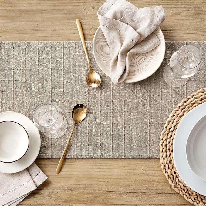 Artisanal Grid Linen Table Runner, 13x36 Inches Oatmeal | Heavy Textured - Image 5