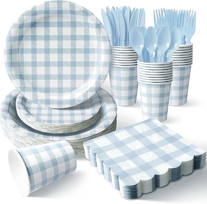 Vyntra 175 Pcs Blue & White Checkered Gingham Paper Plates and Napkins Set by PartyTablewareSupplies