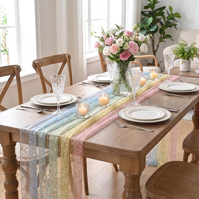 Artoid Mode 3-Pack Gold Gauze Table Runner 120 Inch 10FT, Rainbow Glitter - Image 4
