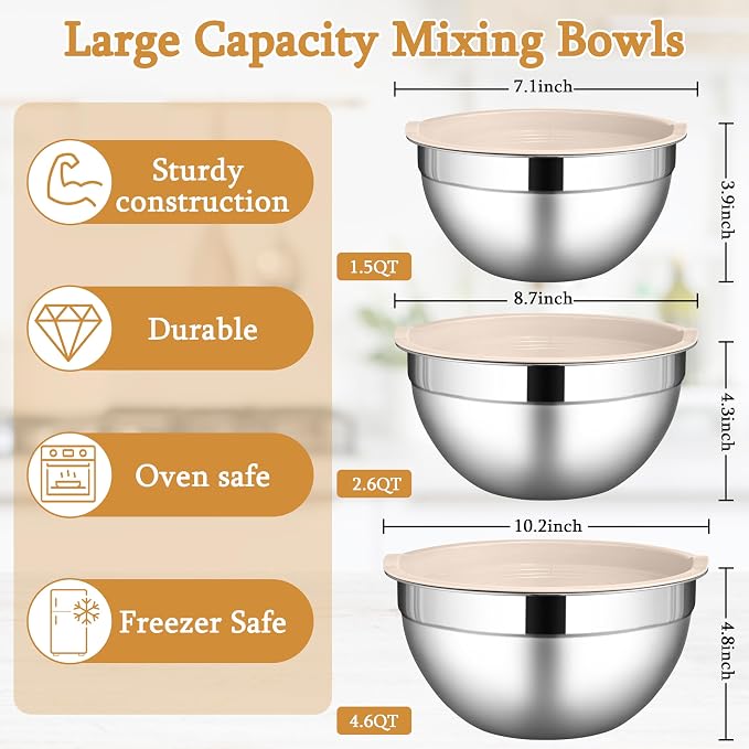 LIANYU Mixing Bowls with Lids Set, 3 Packs Stainless Steel Metal Bowls | Ideal - Image 2