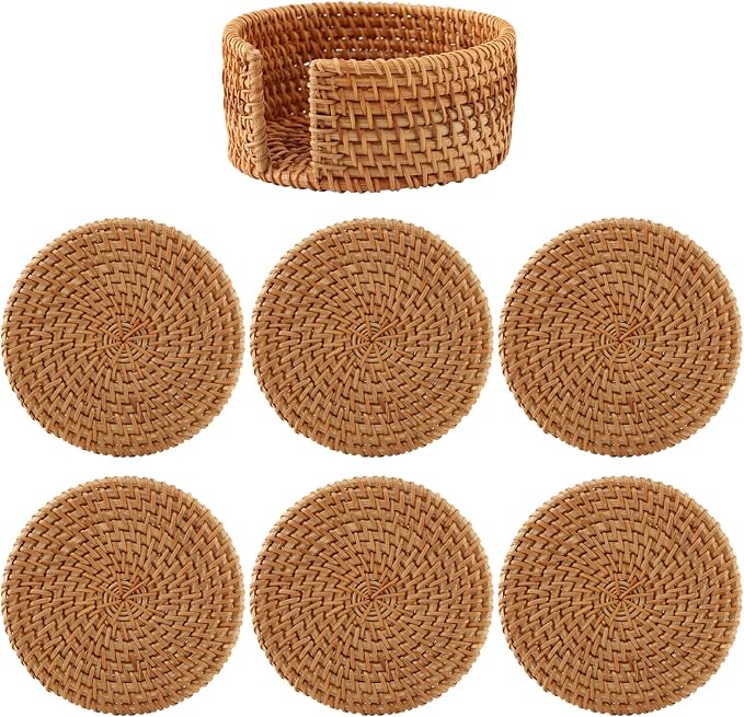 Rattan Coasters Set of 6 with Holder, 3.94 Inch Handwoven Coasters | Natural - Image 3