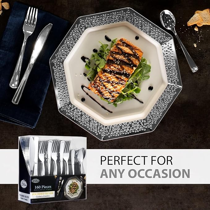 960 Piece Silver Plastic Silverware, Extra Heavyweight Disposable Cutlery Set - Image 6
