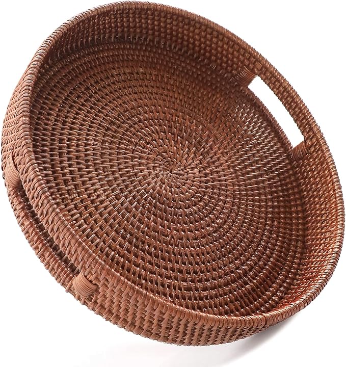 HITOMEN 11.8" Hand-Woven Round Rattan Serving Tray Decorative Wicker Trays by HITOMEN