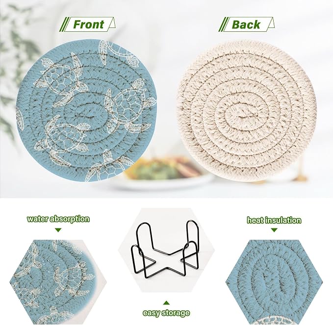 Turtle Blue Print Coasters for Drinks Set of 6 Absorbent Woven Drink Coaster - Image 4