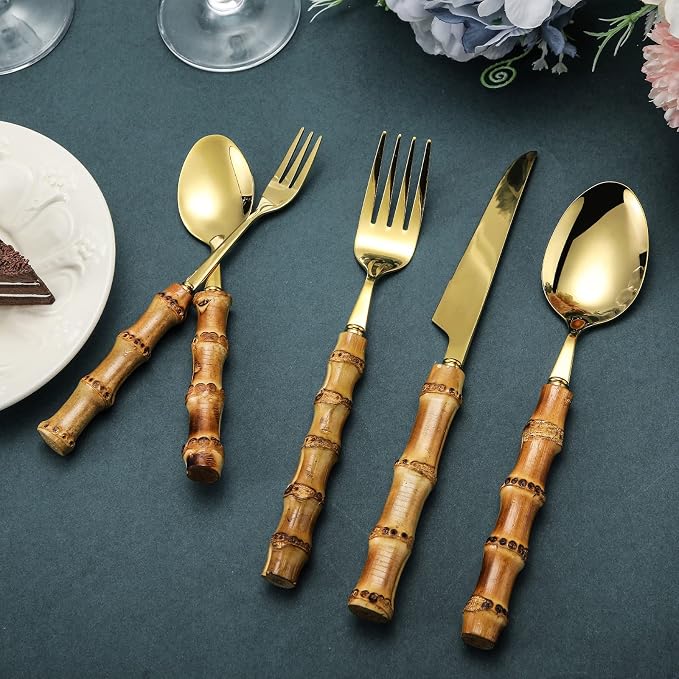 Eboot Bamboo Silverware Set 18/8 Stainless Steel Tableware Set Natural Utensil - Image 3