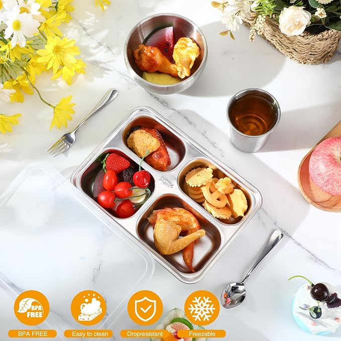 Jinei 20 Pcs Stainless Steel Dishes Set 4 Stainless Steel Plates, 4 Bowls - Image 5