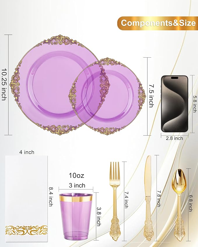 Nervure 175Pcs Clear Purple Plastic Plates, Dinnerware Set - Image 9