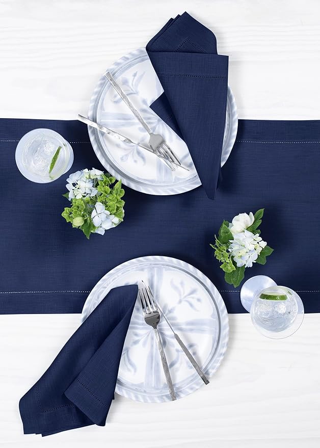Solino Home 100% Pure Linen Table Runner Navy, Classic Hemstitch 14 x 90 in | - Image 3
