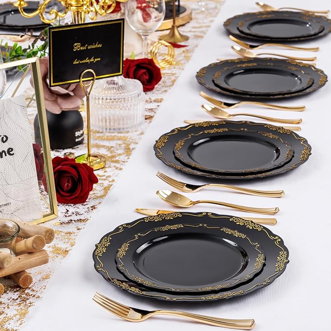 U-QE 100PCS Black and Gold Plastic Plates - Image 6