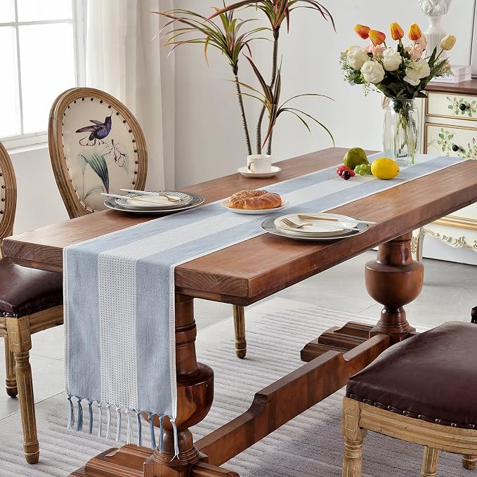 Wracra Linen Table Runner, Stripe Table Runners 72 Inches Long Blue | Delicate - Image 7