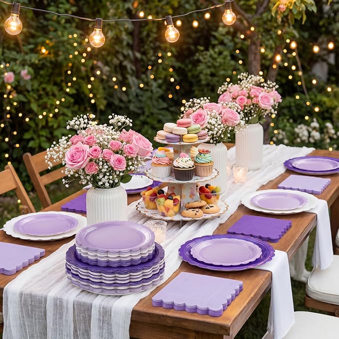 110 Pcs Purple Plates and Napkins Tableware Set Serve 25 Guests Includes - Image 5