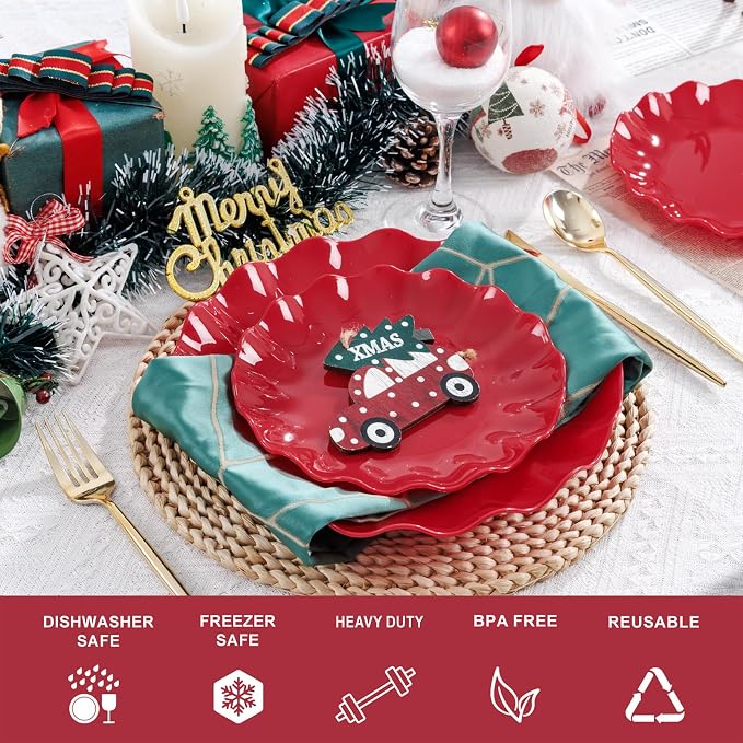 LIYH 50 Pcs Red Plastic Plates Reusable Christmas Plastic Plates Unbreakable - Image 6