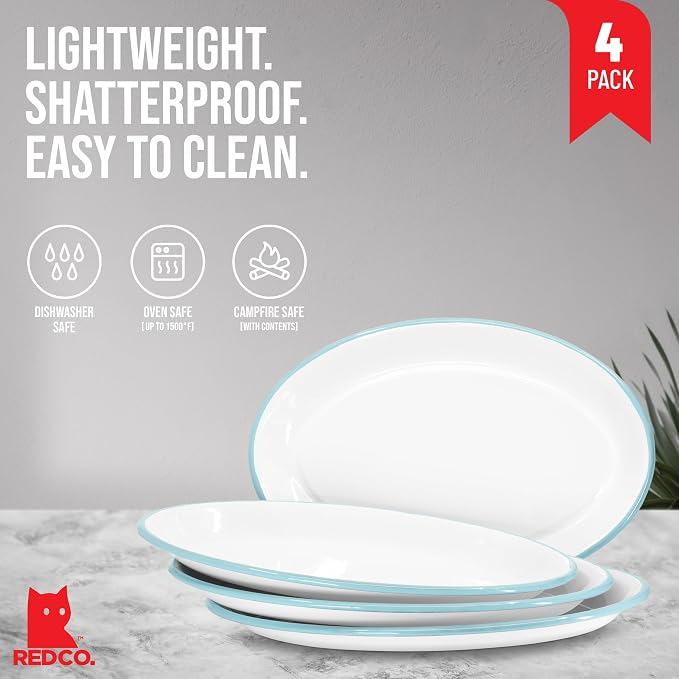 Red Co. Set of 4 Enamelware Metal Classic 13" Serving Oval Tray Platter - Image 2