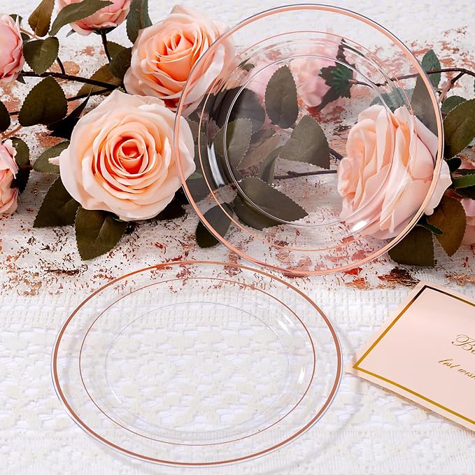 bUCLA 100PCS Clear Rose Gold Plastic Plates Disposable - Image 7