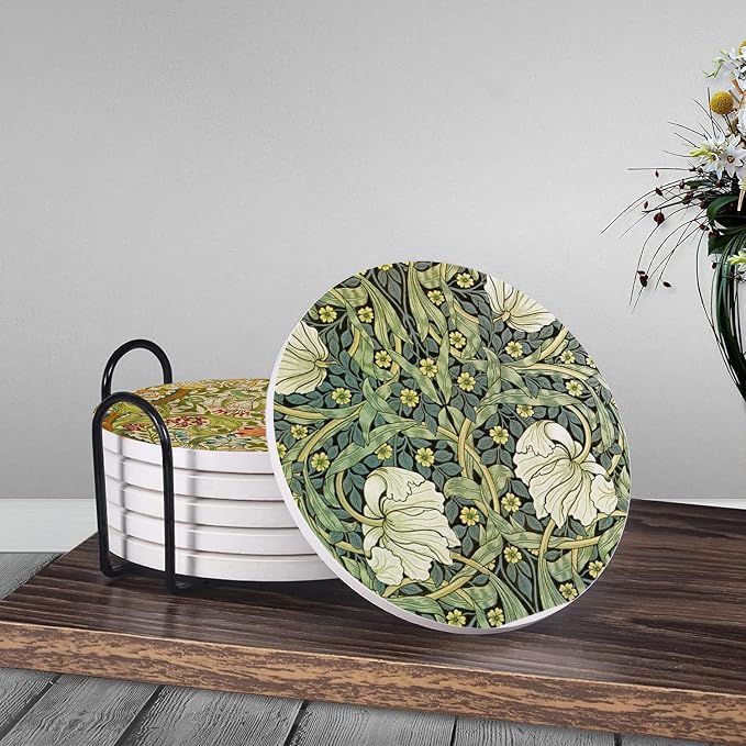 HUXJOKO Coasters for Drinks Set of 6, William Morris Floral Pattern Absorbent - Image 3