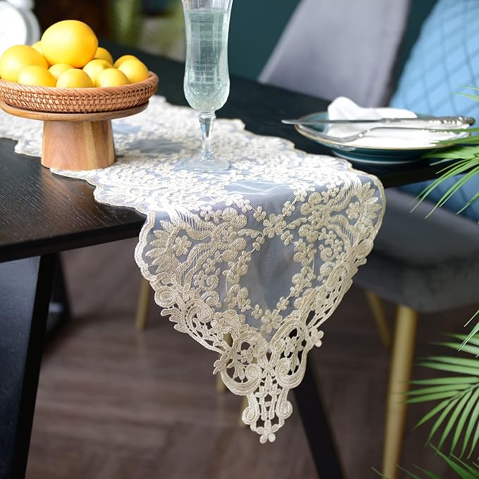 SUTAVIA Lace Table Runner 12"×108" Gold Embroidered Dresser Scarf | Classic by SUTAVIA