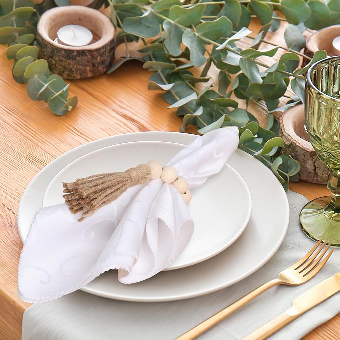 Meplait 6 Pack Wooden Bead Napkin Rings, Farmhouse Napkin Ring, Stretchable - Image 3