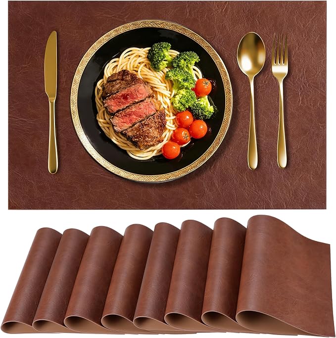 Faux Leather Placemats for Dining Table Set of 8, Edge-Sealed PU Leather Table by Vinjiasin