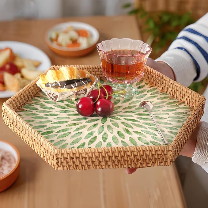 Hexagon Rattan Tray with Mother of Pearl Inlay, Rattan Serving Tray - Image 6