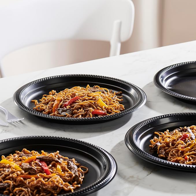PLASTICPRO 100 PCS Black Plastic Plates Light Weight 10'' Inch Plastic Dinner - Image 2