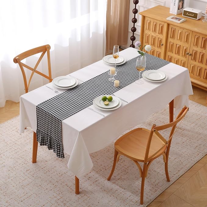 Black White Plaid Gingham Ruffle Table Runner 108 inches Long 100% Washed - Image 2