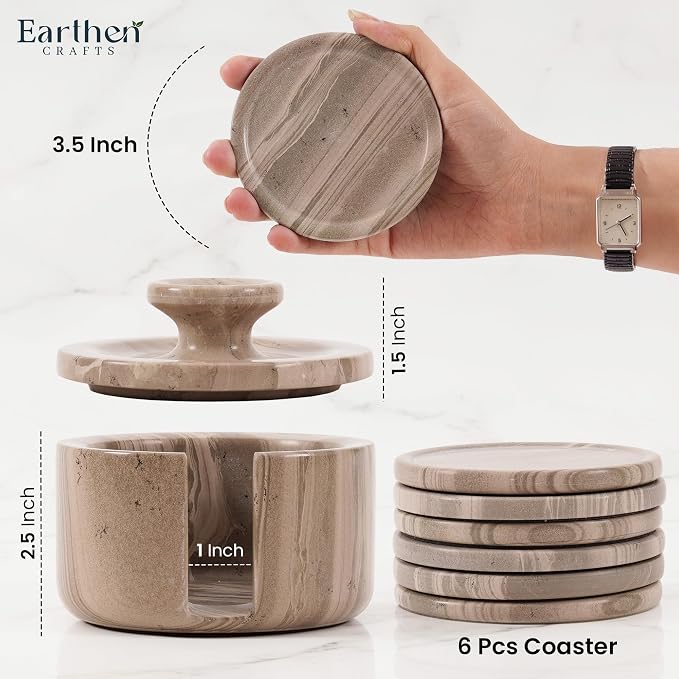 Marble Coasters Set of 6 with Holder 3.5" Inches Natural Brown Stone Round - Image 3