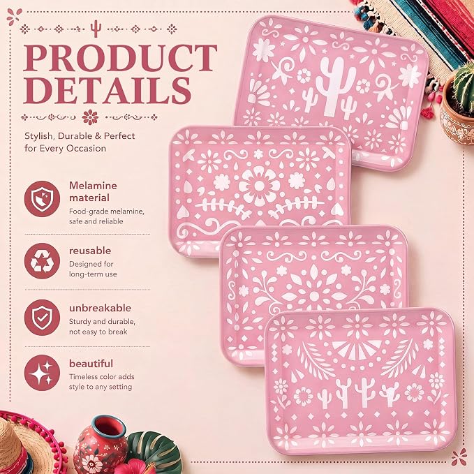 4 Pieces Mexican Serving Trays Pink Fiesta Melamine Platters Reusable Rectangle - Image 3
