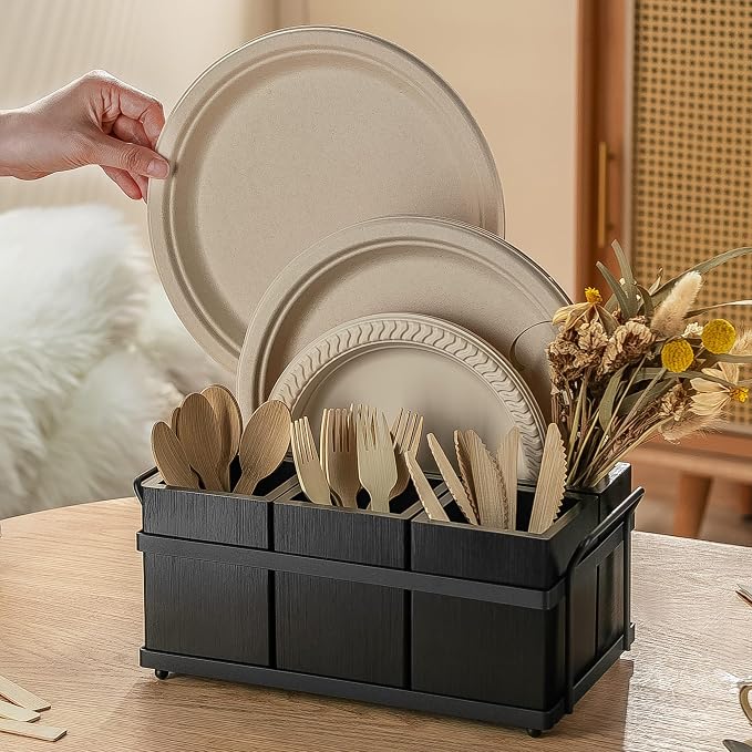 PTSTING Silverware Caddy Black Wood Silverware Holder Paper Plate Dispenser | - Image 2