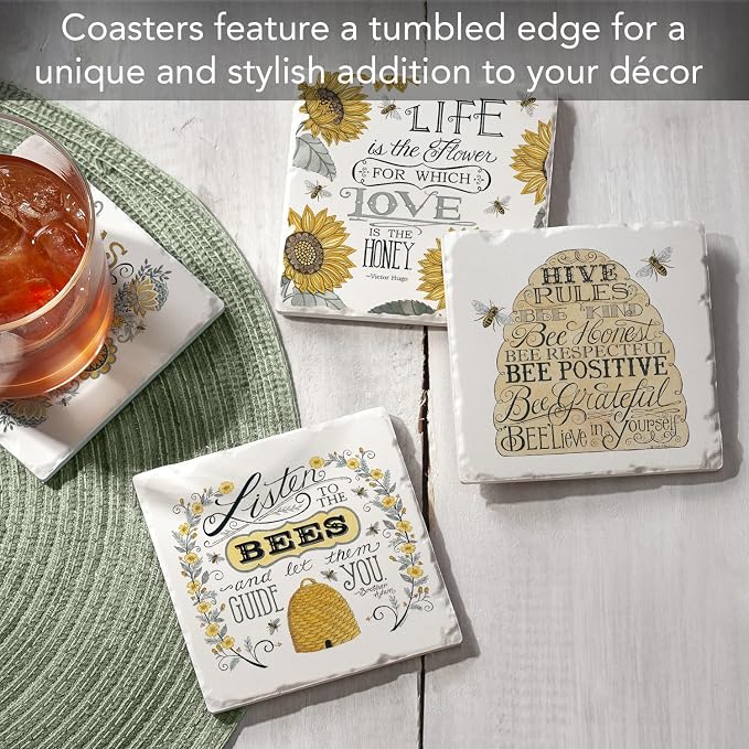 Thirstystone Honey Bees 4 Pack Assorted Tumbled Tile Stone Coasters | 4" Square - Image 2