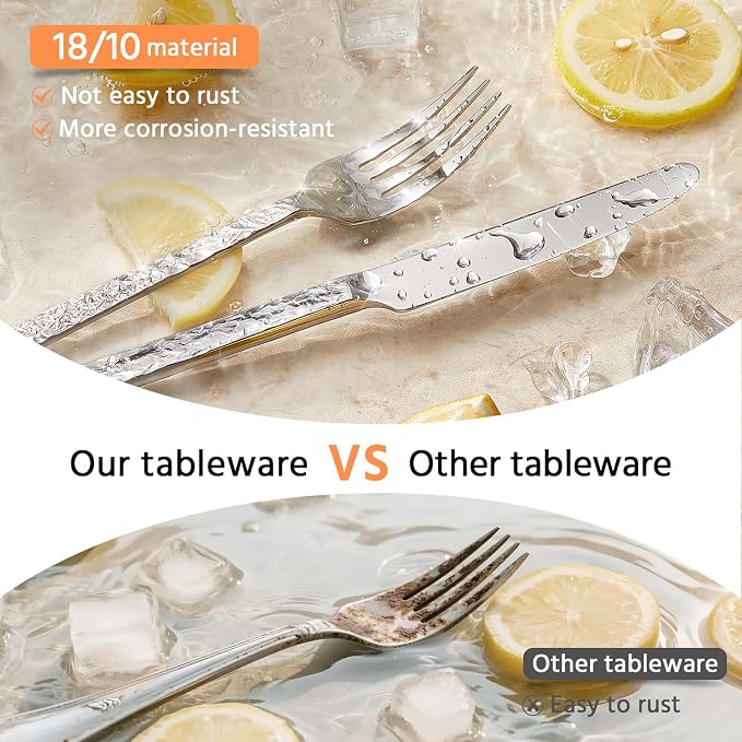 40 Pcs Hammered Silverware Set for 8, 18/10 Stainless Steel Heavy Duty Flatware - Image 4