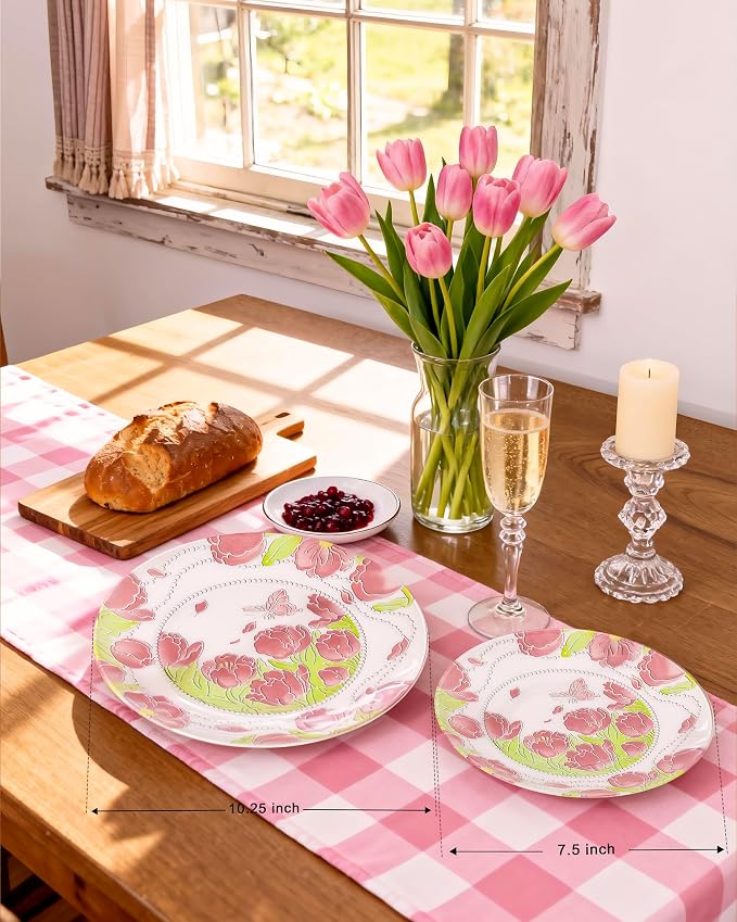 60 Pcs Disposable Plates, Pearl Trim | Elegant pink tulip & butterfly pattern - Image 3
