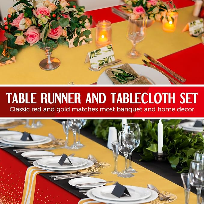 24 Pack Red and Gold Disposable Plastic Tablecloths and Satin Table Runner Set - Image 5